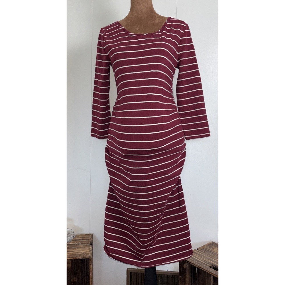 Isabel Maternity T-Shirt Dress Women Small Ruched Sides 3/4 Sleeve Burgundy New - Picture 2 of 9